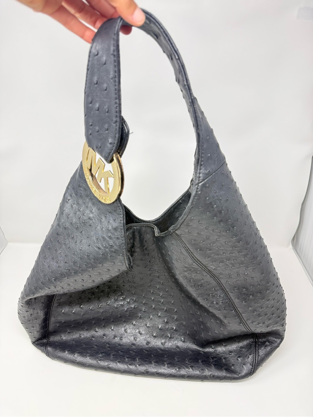 Michael Kors Black Ostrich Leather Hobo Bag Gold MK Logo Shoulder Purse - Picture 9 of 14